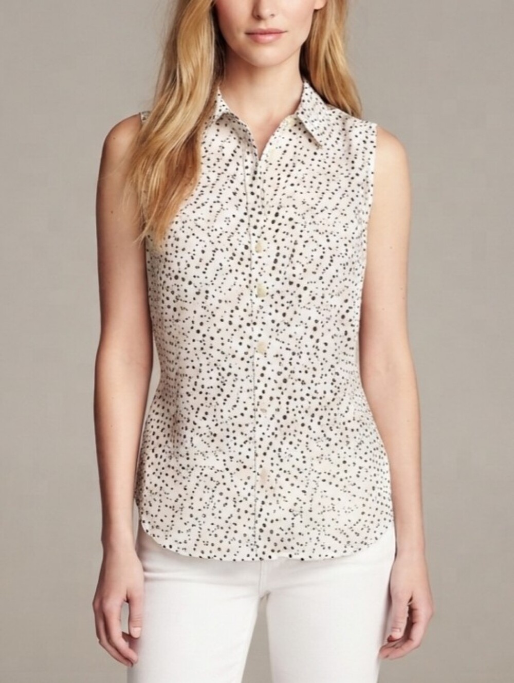 Banana Republic Fitted Non-Iron Dot Print White Sleeveless Shirt Button-Front
